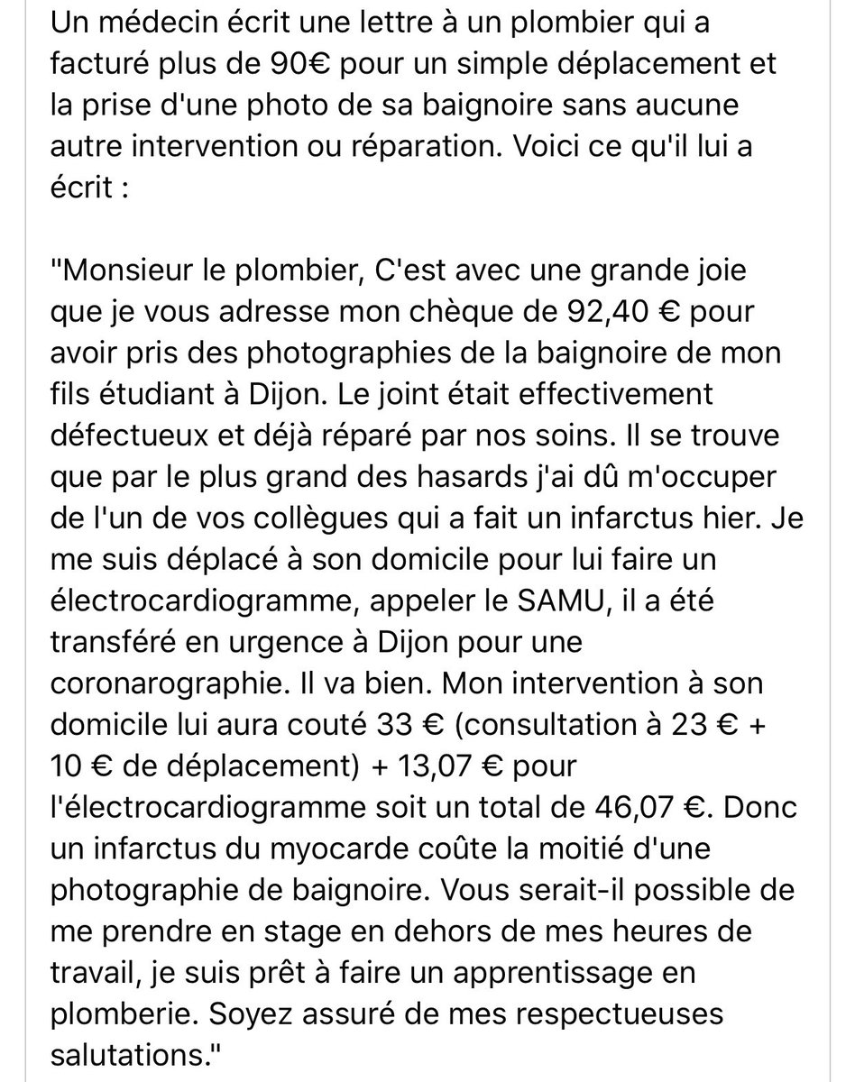 MarcPostelVinay's tweet photo. Un médecin stagiaire d’un plombier? 94,40€ pour une photo de baignoire vs 46,07€ pour la prise en charge d’un infarctus. @JLMelenchon nous sommes trop cher pour le contribuable?!!! Lisez ce courrier édifiant. @CTrivalle Vous avez RAISON! À quand une vraie considération ?! https://t.co/ReHyCF2GRR