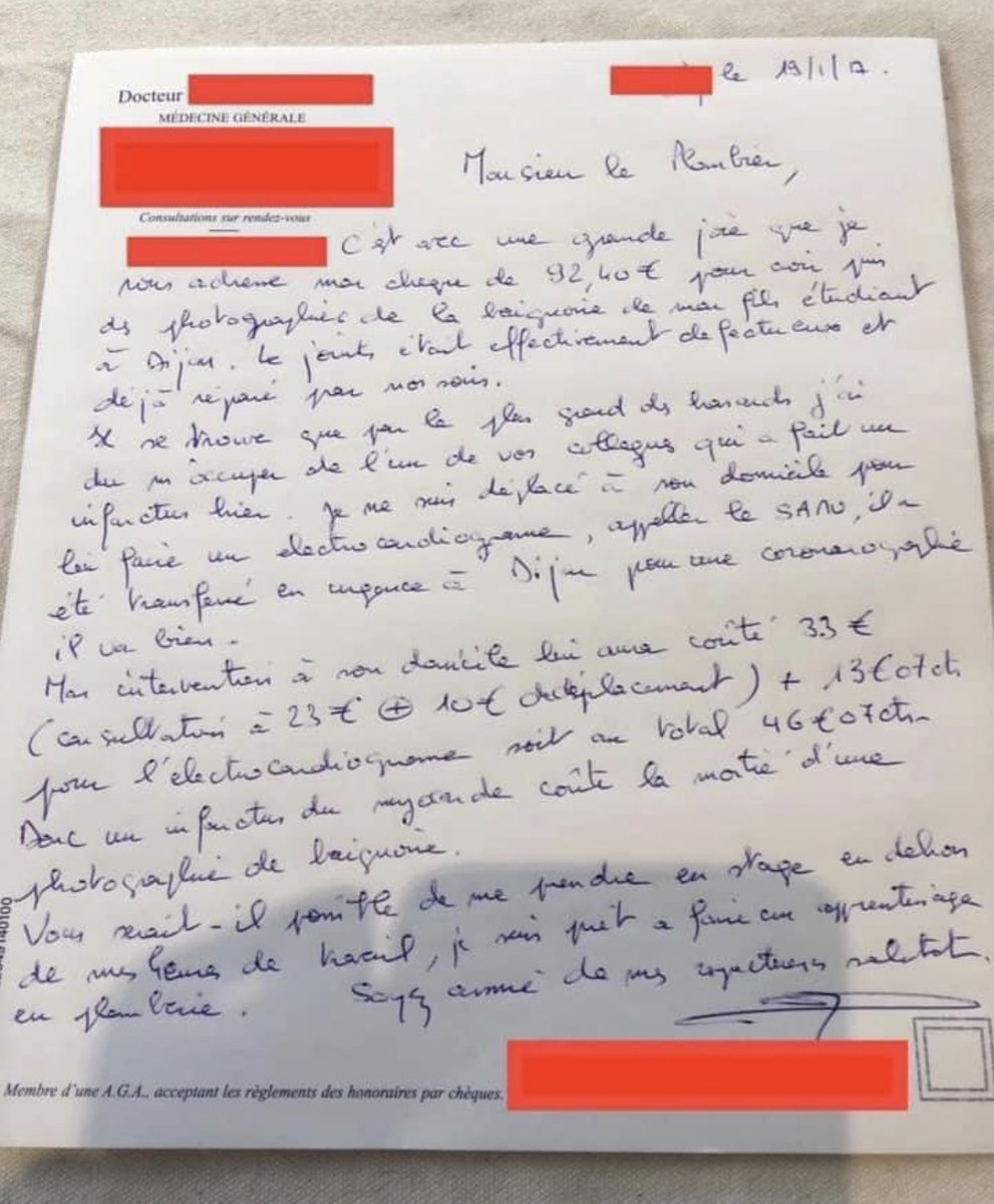 MarcPostelVinay's tweet photo. Un médecin stagiaire d’un plombier? 94,40€ pour une photo de baignoire vs 46,07€ pour la prise en charge d’un infarctus. @JLMelenchon nous sommes trop cher pour le contribuable?!!! Lisez ce courrier édifiant. @CTrivalle Vous avez RAISON! À quand une vraie considération ?! https://t.co/ReHyCF2GRR