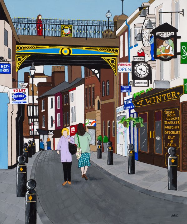 The Underbanks in Stockport are looking wonderfully colourful in this unique piece by <a href="/LucyBurgessArt/">Lucy burgess</a>. Lucy is a Stockport based artist who uses her original style to depict many of Manchester’s iconic buildings and locations. Check our shop to see the full range.
#manchesterart