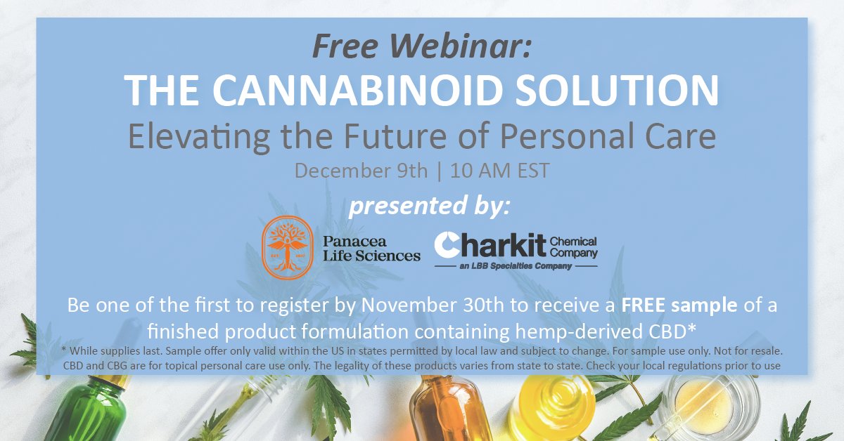 Register for this #webinar to learn everything you need to know about incorporating #cannabinoids into #personalcareproducts on 12/9 at 10 AM EST. Be one of the first to register by 11/30 and receive a free formulation sample featuring #CBD oil. bit.ly/2IyvC0c