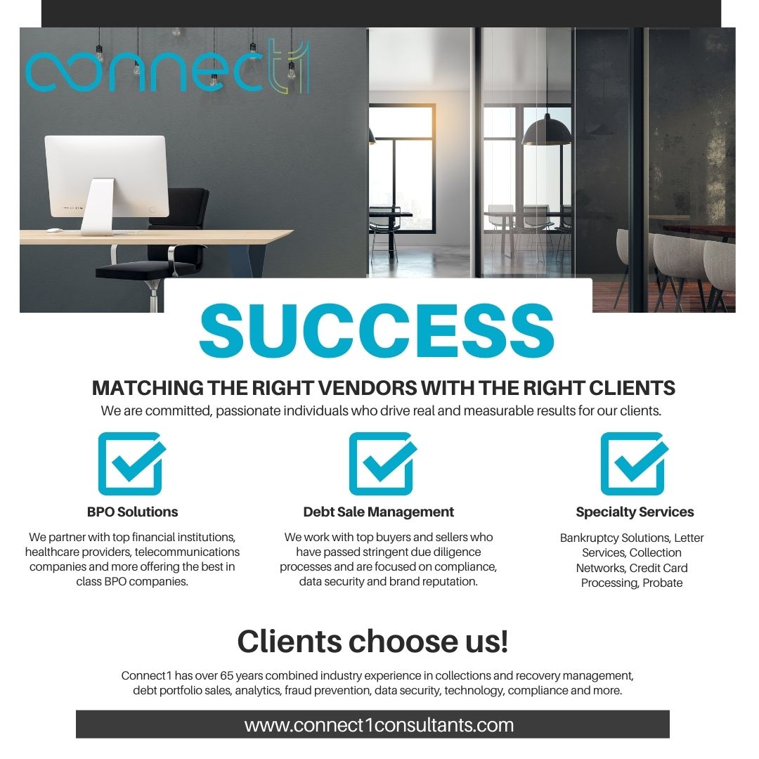 Connect1LLC's tweet photo. #connect1llc #success #bpo #bposolutions #debtsalemanagement #debtsales #bankruptcysolutions #letterservices #collectionnetworks #ccprocessing #probate https://t.co/qxSXFsFnJo