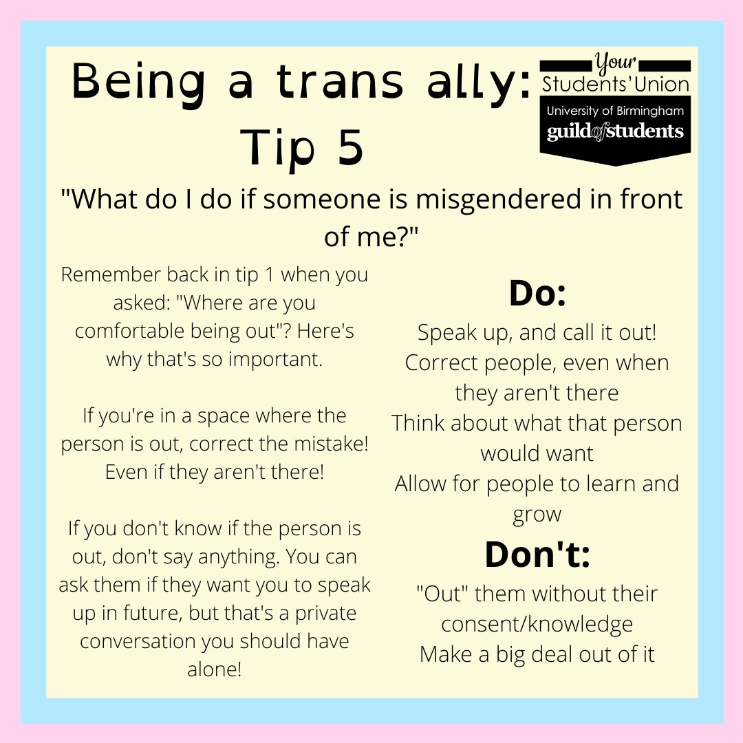 GuildTrans's tweet image. Trans awareness week, day 5! Today on our spotlight, we've got Jamie Windust, and for our tip, how to address misgendering!
facebook.com/trans.officer/…