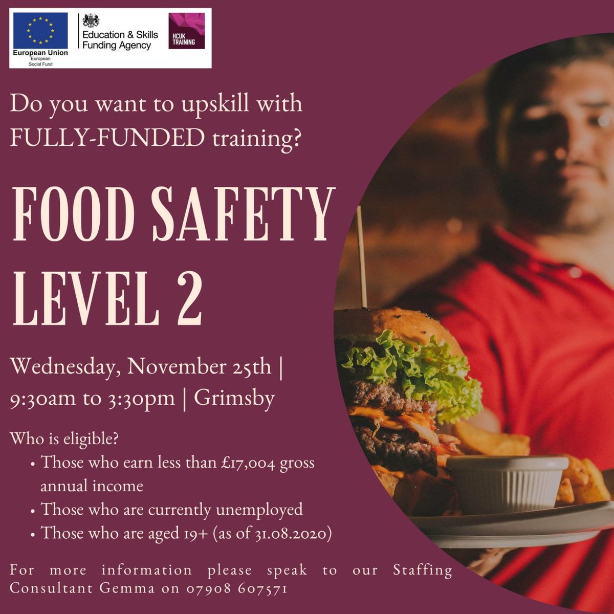 local_training's tweet photo. We are holding FULLY-FUNDED Food Safety Level 2 training on Wednesday, 25th November, 9:30am to 3:30pm at Grimsby Ice Rink. Due to covid restrictions spaces are limited so if you are interested speak to the team today!#HCUKTraining #AdultEducation #Education #Grimsby #GrimsbyTown https://t.co/UJmahTVqbq
