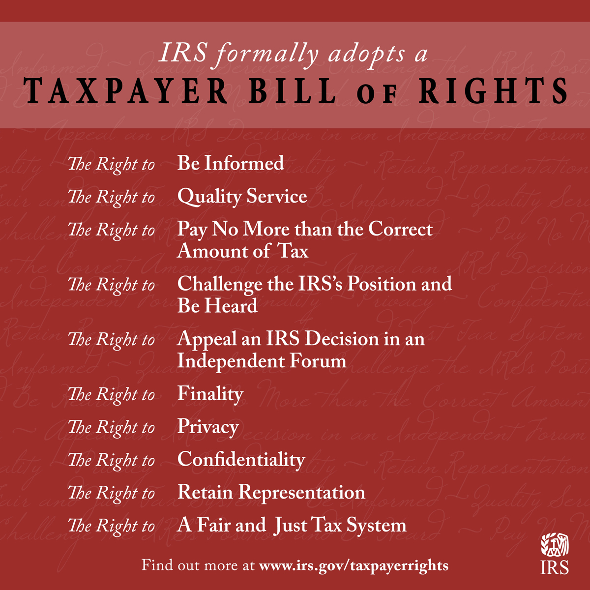 Taxpayer Bill of Rights:  Be aware of your 10 rights when interacting with the #IRS. go.usa.gov/xXneW #tax #TBOR