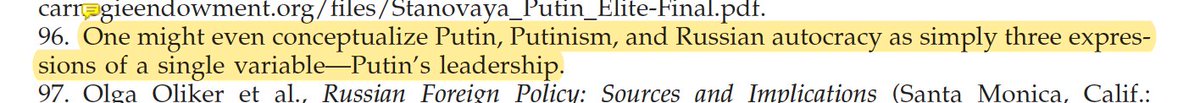 Here we have a statement about Putin's ideology, or Putinism, which is the same as "orthodox illiberalism". I confess being slightly confused by this, especially footnote 96, where Putin, Putinism, and Russian autocracy seem to be conflated into one term - "Putin's leadership".