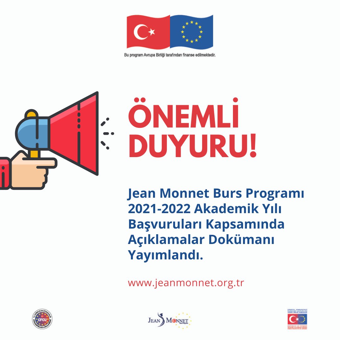 📢 2021-2022 akademik yılı <a href="/jeanmonnetbursu/">JEAN MONNET BURSU</a> için potansiyel başvuru sahiplerinden alınan soru ve cevapların yer aldığı Açıklamalar dokümanı yayımlandı.
Dokümana ulaşmak için ➡️ ab.gov.tr/52259.html
<a href="/EUDelegationTur/">AB Türkiye Delegasyonu🇪🇺EU Delegation to Türkiye</a>