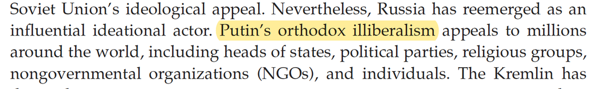 Here we have a statement about Putin's ideology, or Putinism, which is the same as "orthodox illiberalism". I confess being slightly confused by this, especially footnote 96, where Putin, Putinism, and Russian autocracy seem to be conflated into one term - "Putin's leadership".
