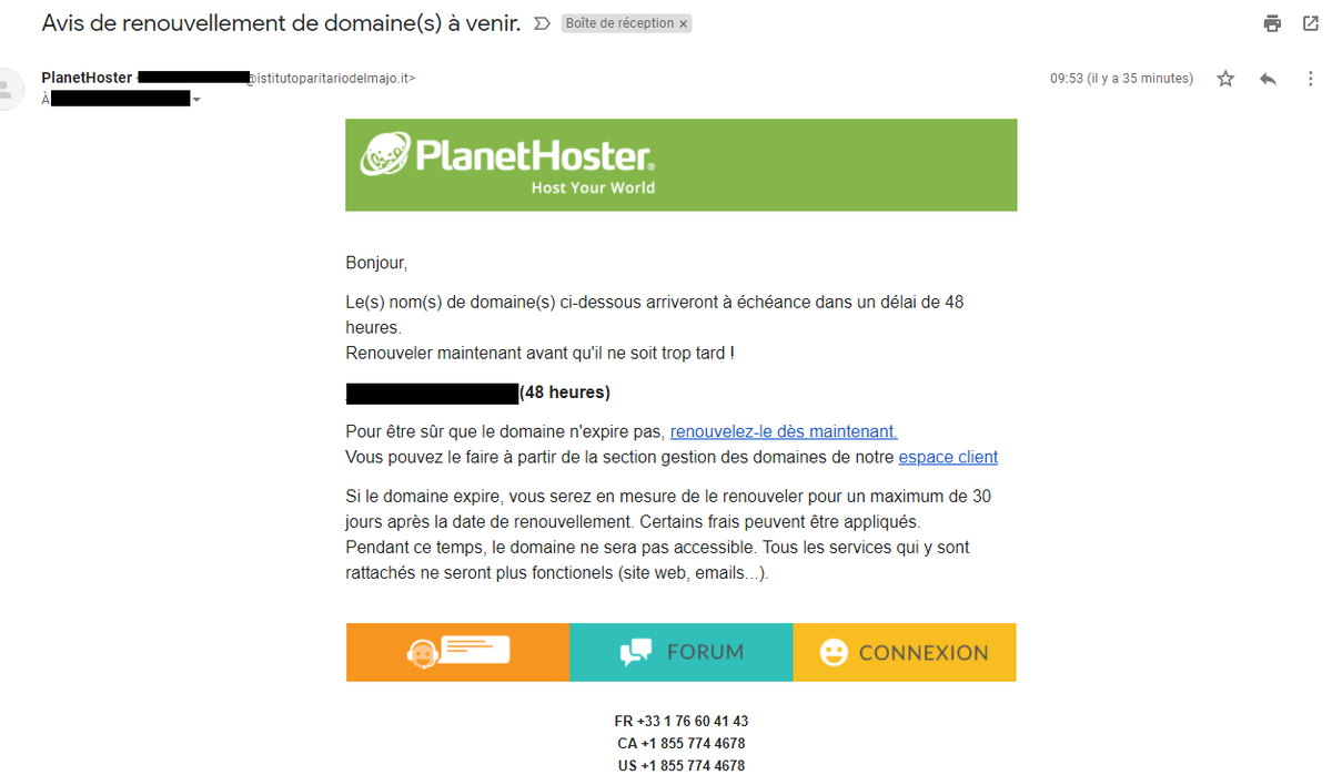 Après une première vague en début d'année ça repart le phishing avec <a href="/PlanetHoster/">PlanetHoster</a>.