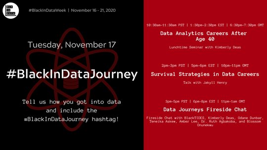 Welcome to DAY 2 of #BlackInDataWeek 🥳‼️We have so much in-store for you today from 'Data Careers after 40' hosted by @DataKimist, 'Survival Strategies' delivered by <a href="/The_JakAttack/">Fire Your Job</a> and a stellar Fireside @BlackTIDES1 Panel BUT FIRST tell us about your #BlackInDataJourney 🙌🏽