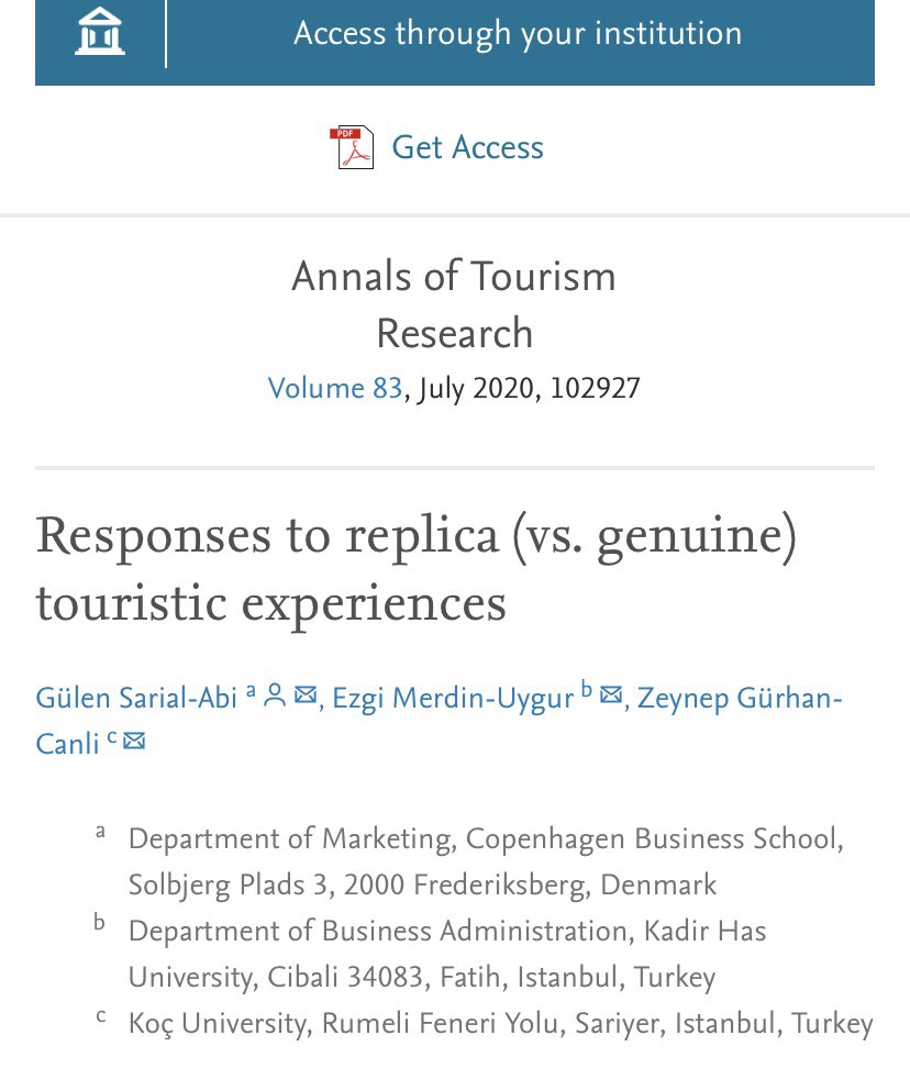 2020 yılı zorluklarla geçse de bölüm hocalarımızın makaleleri yayınlanmaya devam etti. Ezgi Merdin Uygur hocamızın Annals of Tourism Research dergisinde yayınlanan son makalesi kopyalanmis deneyimler uzerine.