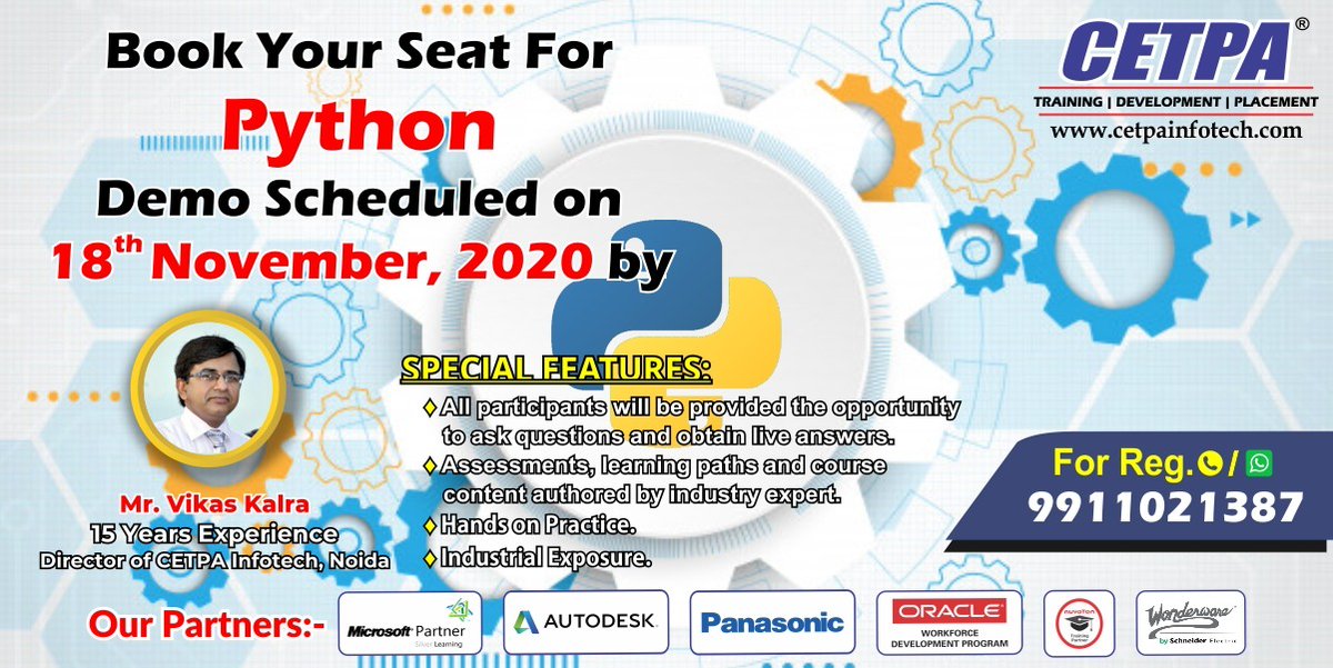 cetpainfo's tweet image. 💺 Book Your Seat to Learn #Python with Mr. Vikas Kalra
👉 Demo Schedule On : 18 November 2020
📱 9911021387
#PythonCourse #PythonOnlineCourse #PythonOnlineTraining #PythonCertificationCourse #PythonTraininginNoida #PythonTraininginDelhi