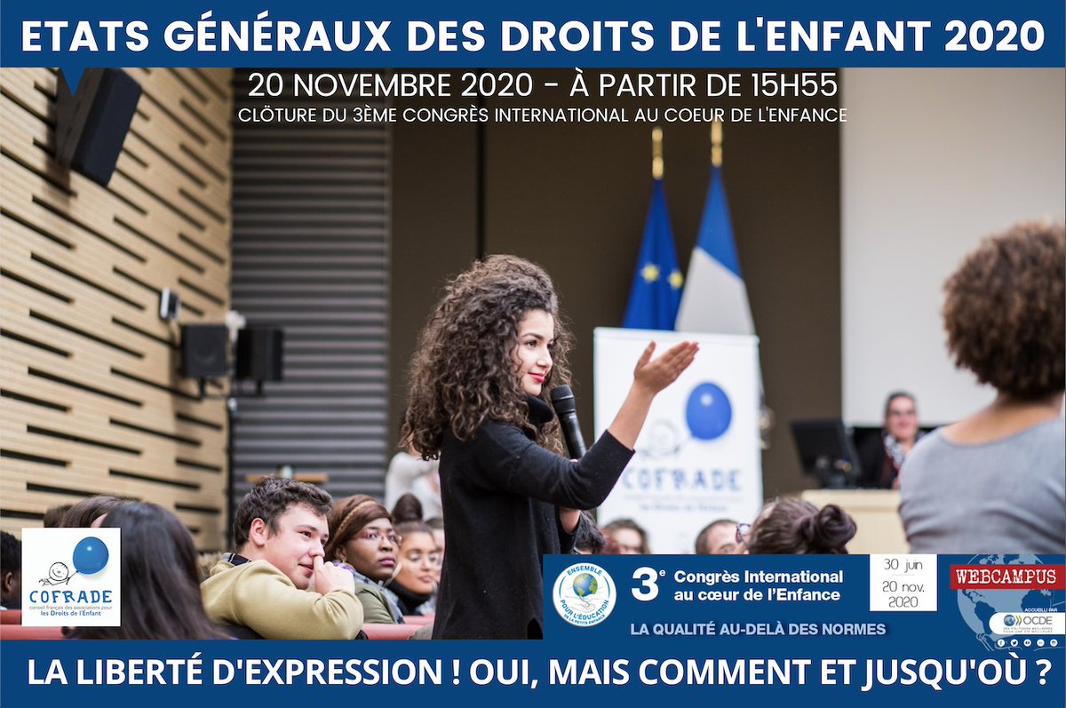 COFRADEnfant's tweet photo. 🗣 Les jeunes s'expriment devant les politiques sur leur liberté d'expression !
Les Etats Généraux des Droits de l'Enfant du COFRADE, prendront cette année la forme d'un Webcampus ! Retrouvez notre live Youtube le 20/11/20
#EGDE2020 #Ensemble4Quality #WeCanForChild https://t.co/YUBCZMY22B