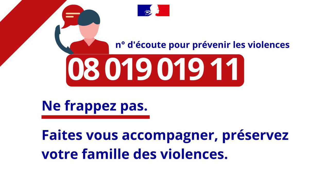 #COVID19 | La lutte contre les #violences reste une priorité pendant la période de confinement.

Vous avez des questions, des problèmes ou des inquiétudes ? Vous avez besoin d’être aidé ou écouté ?

Faites vous accompagner, ⛔️ ne frappez pas.

📞 Appelez le 08 019 019 11.