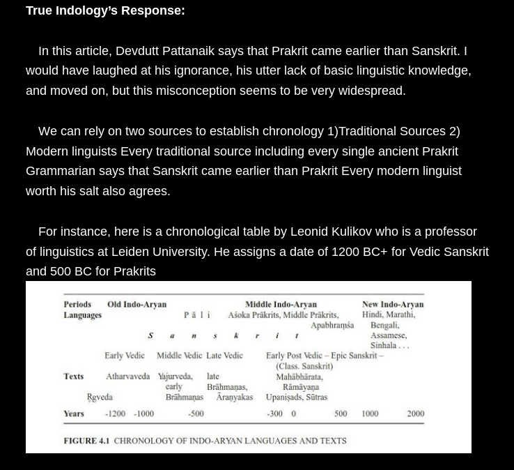 Case 2 - In this article, Devdutt Myth says that Prakrit came earlier than Sanskrit. I would have laughed at his ignorance, his utter lack of basic linguistic knowledge, and moved on, but this misconception seems to be very widespread.