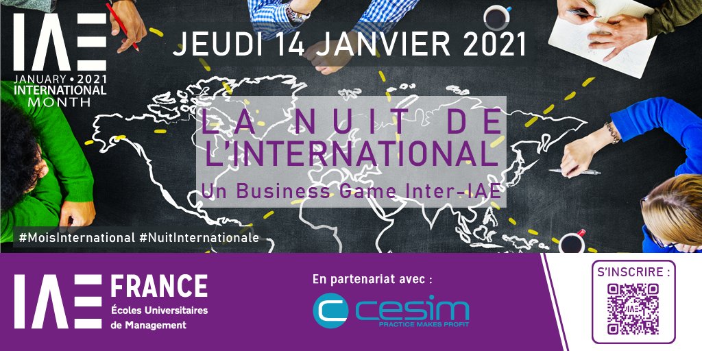 IAE FRANCE (@iaefrance) on Twitter photo Etudiant(e)s en #IAE, à l’occasion du #MoisInternational🌏organisé par <a href="/IAEFRANCE/">IAE FRANCE</a> en janvier 2021, constituez votre équipe pour 𝗟𝗔 𝗡𝗨𝗜𝗧 𝗗𝗘 𝗟’𝗜𝗡𝗧𝗘𝗥𝗡𝗔𝗧𝗜𝗢𝗡𝗔𝗟, un Business Game inter-IAE qui se déroulera le 14/01📅.
📢Infos&Inscriptions➡️cutt.ly/eg41aFo Etudiant(e)s en #IAE, à l’occasion du #MoisInternational🌏organisé par <a href="/IAEFRANCE/">IAE FRANCE</a> en janvier 2021, constituez votre équipe pour 𝗟𝗔 𝗡𝗨𝗜𝗧 𝗗𝗘 𝗟’𝗜𝗡𝗧𝗘𝗥𝗡𝗔𝗧𝗜𝗢𝗡𝗔𝗟, un Business Game inter-IAE qui se déroulera le 14/01📅.
📢Infos&Inscriptions➡️cutt.ly/eg41aFo
