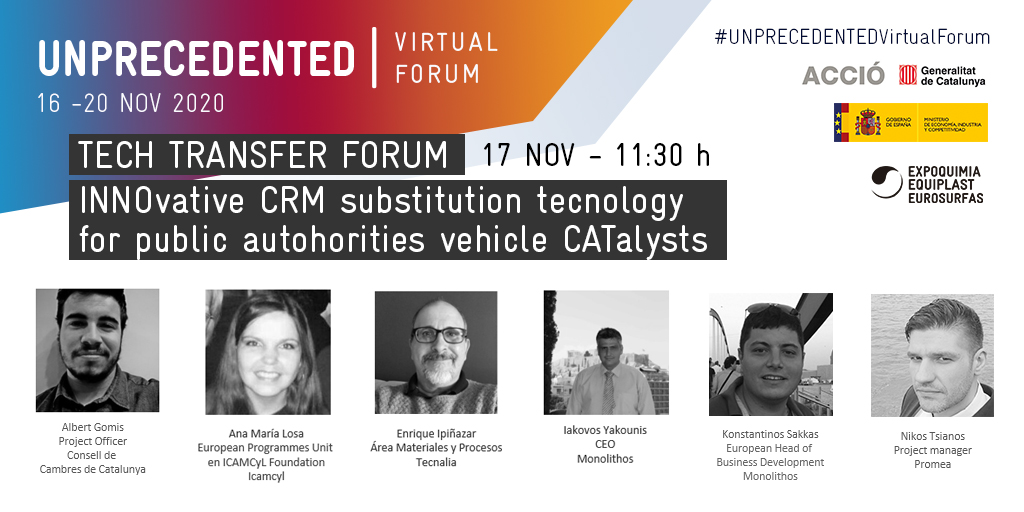 Equiplast's tweet image. 🏃‍30 min. to go!
"Innocat – INNOvative CRM substitution tecnology for public autohorities vehicle CATalysts"
▶mtr.cool/ouaevmfvhb
@icamcyl #ConsellGeneralCambras @tecnalia  #Monolithos #Promea @acció