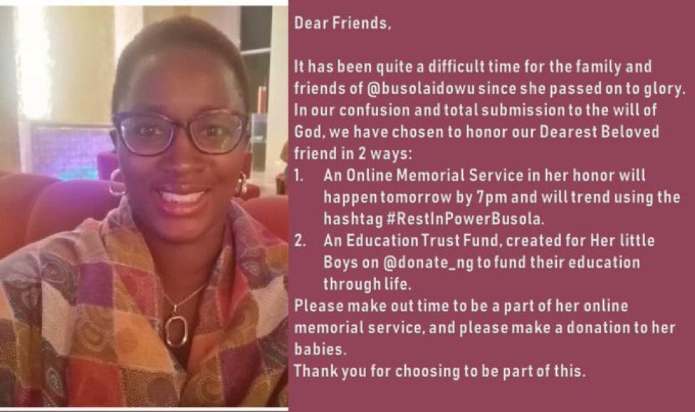 TheNaijaAnalyst's tweet photo. Please let’s do this in honour of Busola Idowu 🙏🏽. Let’s support the Education Trust Fund for her kids. 

https://t.co/KaxRY02xkP https://t.co/f2a9UCFESe