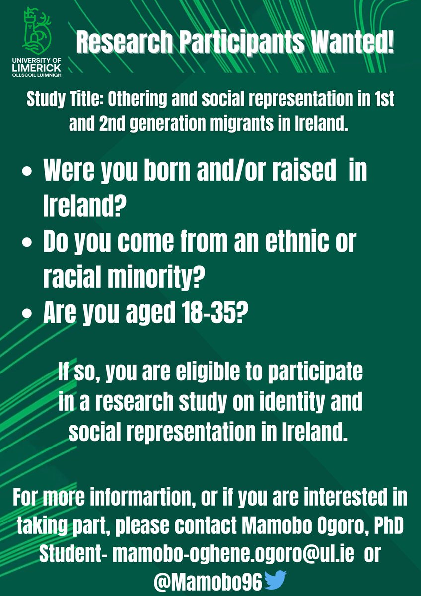 Ethics approved! On to recruitment for my PhD research! I am researching social representation and othering in bicultural people in Ireland. PLEASE SHARE!