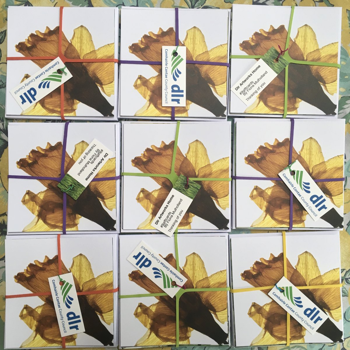 dlrArts's tweet photo. Beautiful cards by Fiona Mulholland being prepared to be sent out as part of #dlrArtworksHome special project involving artists from Dún Laoghaire-Rathdown creating artworks for coocooning members of our local community Supported by @creativeirl 
#InThisTogether #dlrcommunitycall https://t.co/iV5wHTBTYn