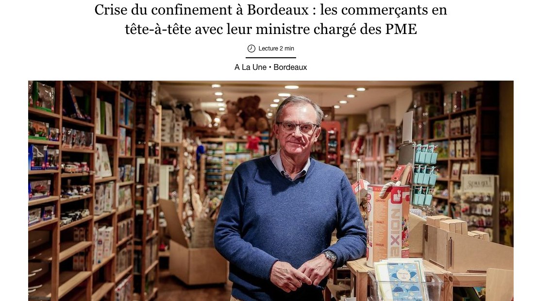 Reportage dans 🗞️ <a href="/sudouest/">Sud Ouest</a> sur la réunion que j'organisai hier entre le ministre <a href="/alaingriset/">Alain Griset</a> et des #commerçants bordelais. Nous travaillons dans la proximité et l’écoute des acteurs de terrain ✅ 

#Bordeaux

💻👉sudouest.fr/2020/11/17/com…