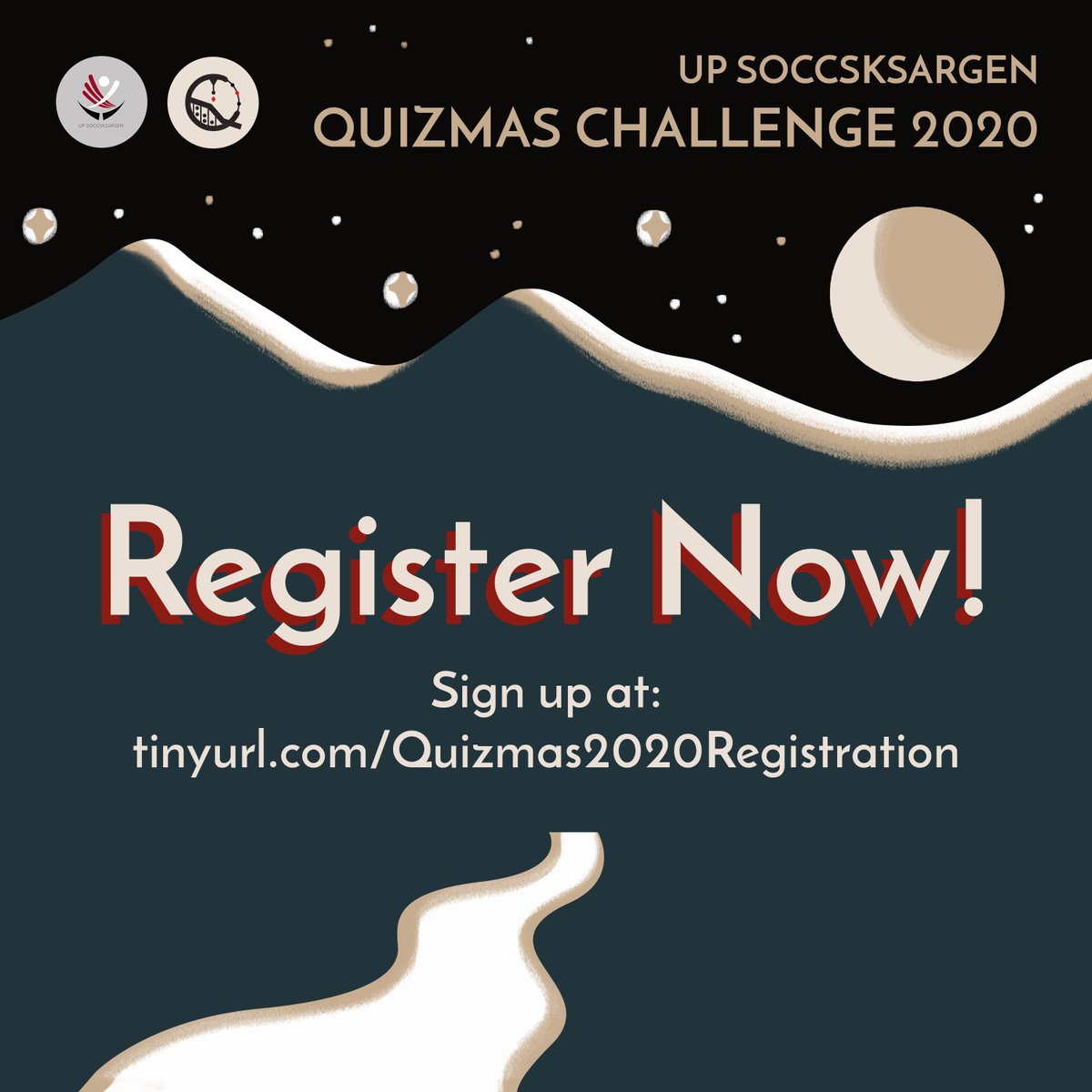updsox's tweet photo. UP SOCCSKSARGEN presents
QUIZMAS CHALLENGE 2020

KASANAG: Paving Light into the Unknown

Join us on December 21-22, 2020 for a series of webinars and online competitions!

For more details, visit https://t.co/unhbhIJKsv

#QuizMas2020 https://t.co/4kNpeknk3W