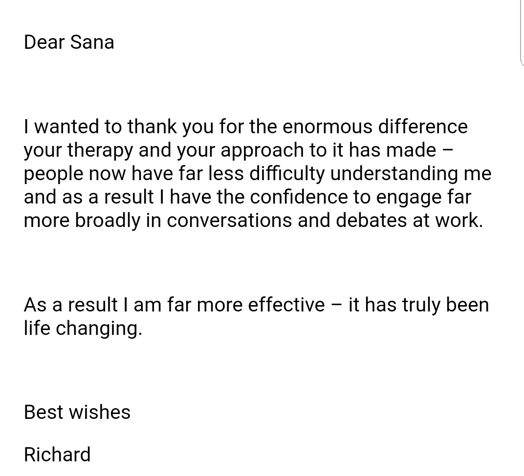 We received a wonderful testimonial from a dysarthric client post stroke 3 years that <a href="/S4NA_M/">Sana</a> started working with during #lockdown. This is why we do what we do. #speechtherapy #empowering #communicatingconfidently #SLTchat #TwitterTakeover #adultSLTteam