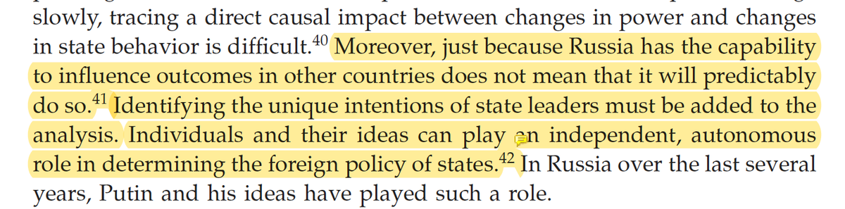 I'd agree with  @McFaul here: capabilities tell us nothing about intentions. But I would argue that capabilities are a prerequisite of intentions. The fact that Russia was "non-interventionist" in the 1990s tells us more about Russia's capabilities than about Yeltsin's intentions.