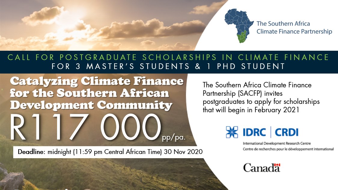 UCT Postgrad Studies (@uctpostgrads) on Twitter photo The Southern Africa Climate Finance Partnership (SACFP) invites postgrads to apply for master's & PhD scholarships! More info: bit.ly/SACFP2020 <a href="/SouthSouthNorth/">SouthSouthNorth</a> <a href="/IDRC_CRDI/">IDRC | CRDI</a> #climatechange #climate #ClimateAction The Southern Africa Climate Finance Partnership (SACFP) invites postgrads to apply for master's & PhD scholarships! More info: bit.ly/SACFP2020 <a href="/SouthSouthNorth/">SouthSouthNorth</a> <a href="/IDRC_CRDI/">IDRC | CRDI</a> #climatechange #climate #ClimateAction