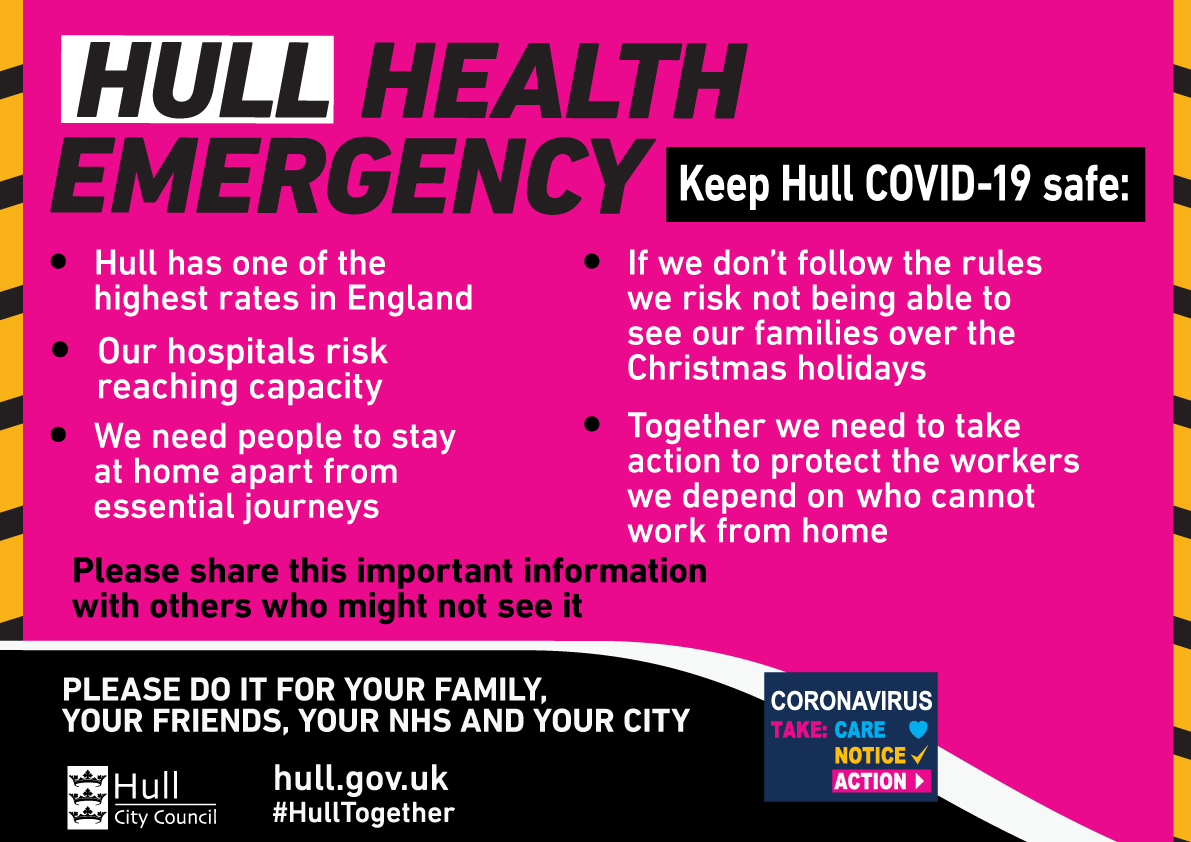 Hull Health Emergency❗  
Hull has one of the highest COVID-19 rates in England. 
Please see the urgent message below. Share it as far and wide as you can and make sure family and friends that are not online also receive the information.
Stay Safe Everyone.