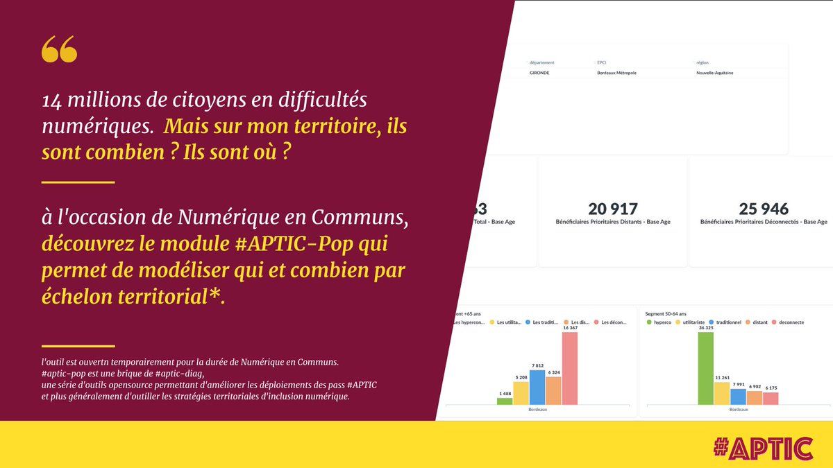 À l'occasion de @NumEnCommuns, un aperçu des briques sur lesquelles nous travaillons actuellement. 
On commence par #APTIC-Pop, pour accélérer les déploiements, et outiller les stratégies territoriales.

On vous demande qui vs êtes pour vs recontacter.
apticoop.typeform.com/to/z3OchtBm
