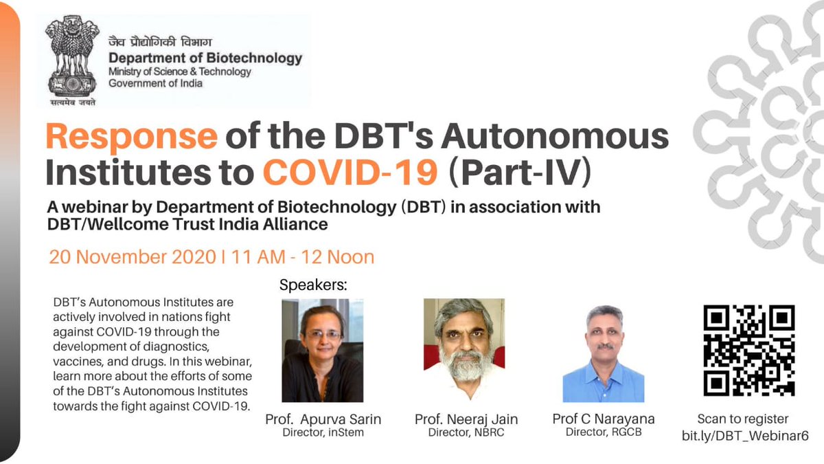 DBT_inStem's tweet photo. The 6th #Webinar on 'Response of
@DBTIndia 's Autonomous Institutes to #COVID19' will focus on the efforts of @DBT_inStem, @DBT_NBRC, & @RGCB_Trivandrum
๐ฐ๏ธ: 20 Nov, 2020 (Friday) |11 AM-12 PM
Register now๐: https://t.co/6wWcLBtW3x
Live streaming๐: https://t.co/eV1aMEId5m https://t.co/0ctWNlu5Ab