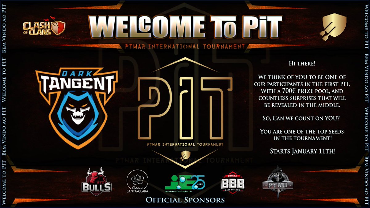 <a href="/DarkTangent_gg/">DarkTangent Esports 🇮🇳</a> 💥  Welcome to the 1st edition of the PIT (PTWAR Internacional Tournament). 

💥  A tournament organized and designed for the Clash of Clans community to compete at the highest level for 3 months.