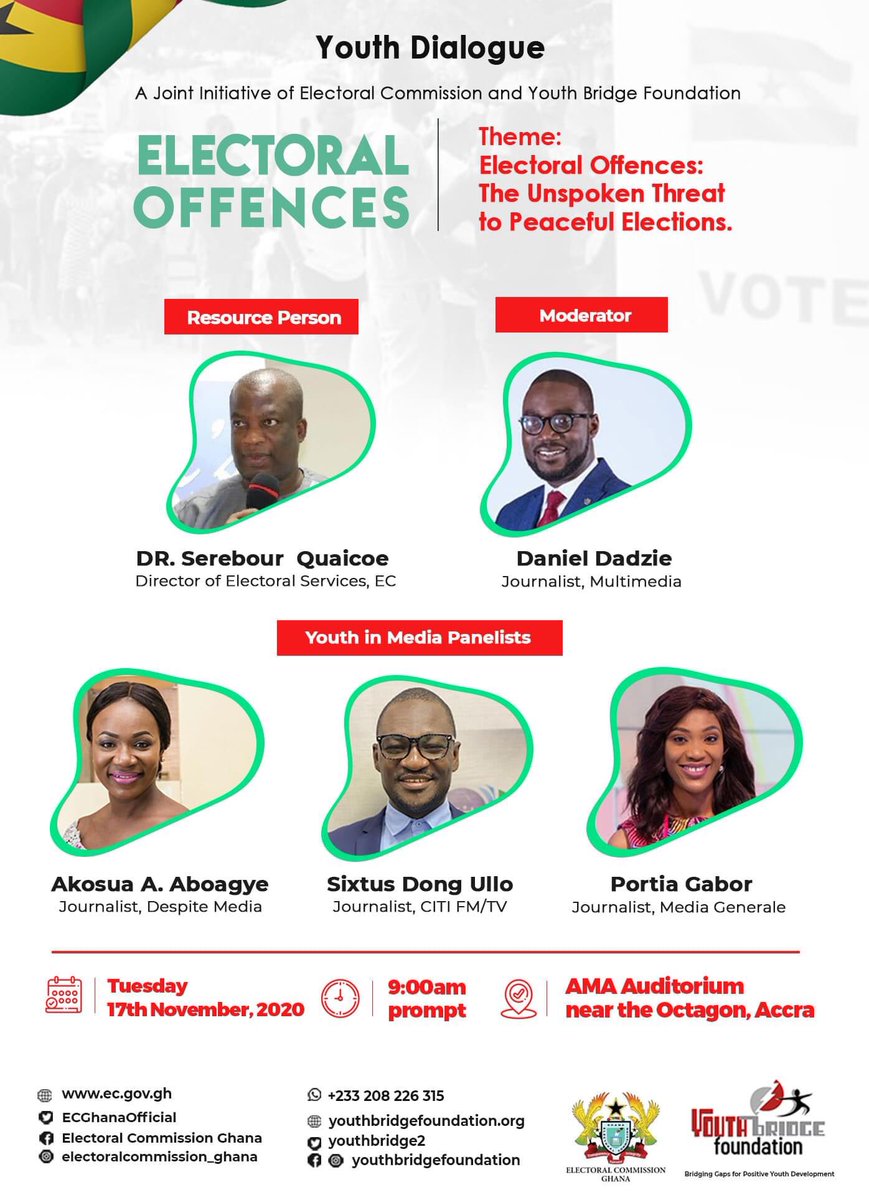 cmghana's tweet photo. CURRENTLY ONGOING in📍Accra, Ghana: A Youth Dialogue on Electoral Offences by Youth Bridge Foundation and the Electoral Commission of Ghana.

As we head to the polls on Dec 7, how do we reduce #electoraloffences perpetrated by young people?

#CMGhana #VoteNotFight  #YouthMatter https://t.co/5YsIAHea0y