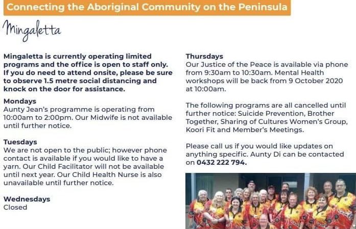MINGALETTA
.
Connecting the Aboriginal Community on the Peninsula

Find more on our member organisations here :

barang.org.au/wp-content/upl…