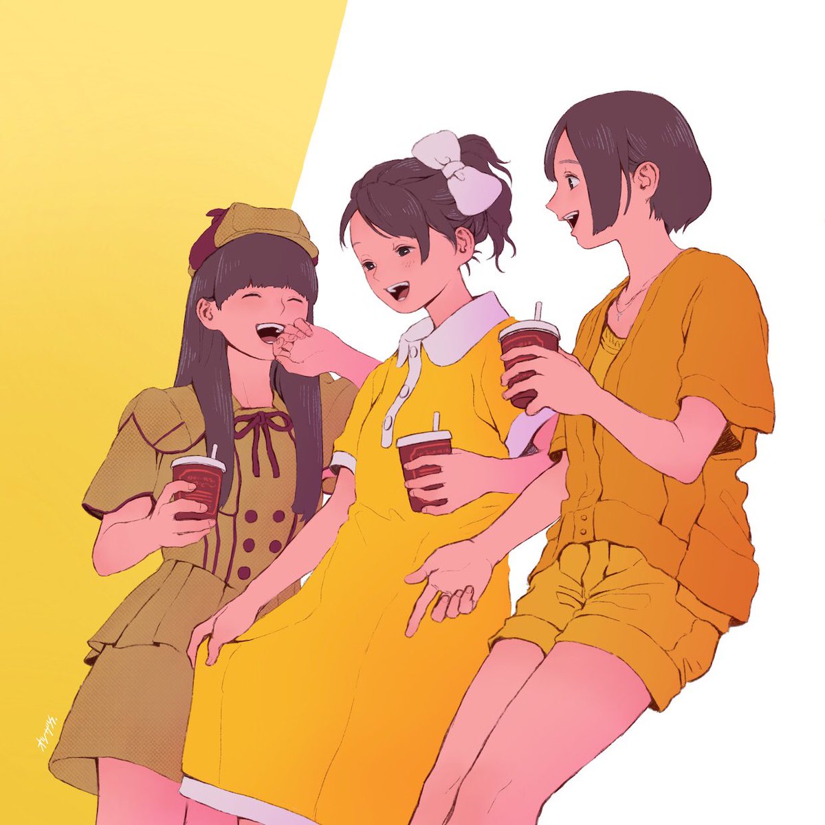 multiple girls 3girls yellow dress dress short hair shorts long hair  illustration images