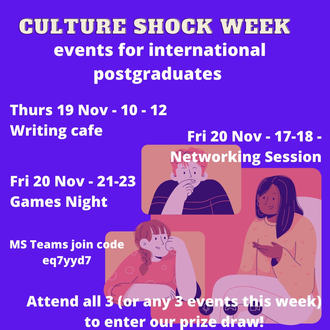UoBISSupport's tweet photo. Great news for postgrads! No not a full scholarship and a clear route into a properly paid academic role (sorry 😔) .... but three fab events as part of Culture Shock Week! Attend three events this week for a chance to win some great UK themed prizes! https://t.co/rbQQXzyjcA https://t.co/8MQ5EfNJho