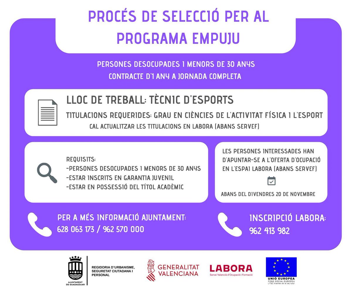 AjuntGuadassuar's tweet image. ▶️ En el marc de el programa #EMPUJU 2020 de GVA Labora, l'Ajuntament de Guadassuar enviarà una oferta de treball per ocupar un lloc de personal de tècnic d'esport (➕)