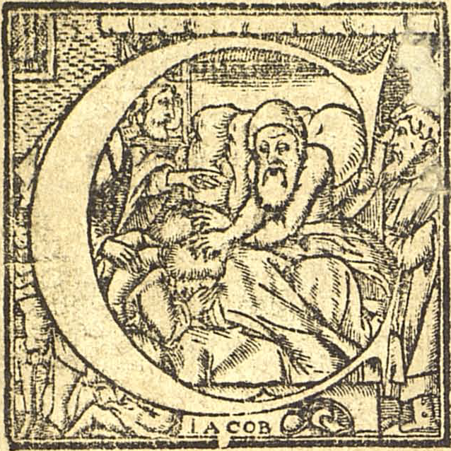 jrastiz's tweet photo. #Capitulares con pasajes bíblicos. Esta "C" que envuelve a Iacob fue recurrentemente utilizada en diversos talleres de Pamplona entre 1570 y 1670, lo que evidencia el uso prolongado de estos materiales. #Bibliografíamaterial https://t.co/z5AN9Rx4VI