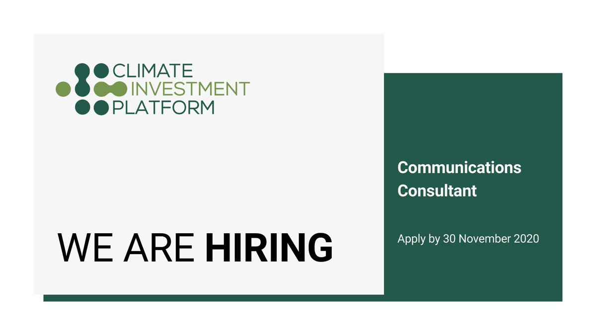 We are #hiring! We are looking for a Communications Consultant with experience in #ClimateFinance and energy issues to help us build the Climate Investment Platform brand and network. Apply here by 30 November: jobs.undp.org/cj_view_job.cf…

#ClimateAction #CommsJobs #ClimateComms