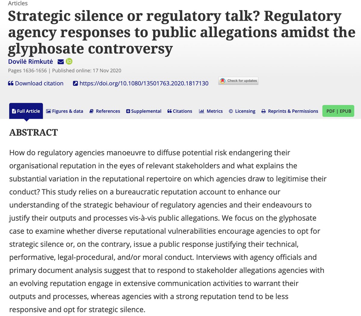 DovileRimkute's tweet photo. Interested in #RiskRegulation #Reputation #Glyphosate and differences between US (@EPA ) and EU agencies (@EFSA_EU @EU_ECHA )? Check my article in @jepp_journal to learn how agencies respond to grave public allegations @PA_UniLeiden
https://t.co/xpXAAQ6jUz https://t.co/jtB1XPRcxv