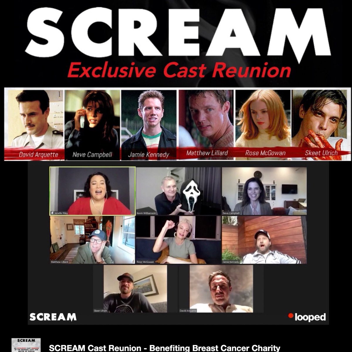 I017597's tweet photo. After 24 years, ‘Scream’ is still one of the best horror movies of all time that defined a new genre of horror. Great to watch the reunion for charity! @loopedlive #scream #rosemcgowan #screamreunion #nevecampbell #matthewlillard #skeetulrich 👻 #jamiekennedy #davidarquette https://t.co/qBBh5fFLlt