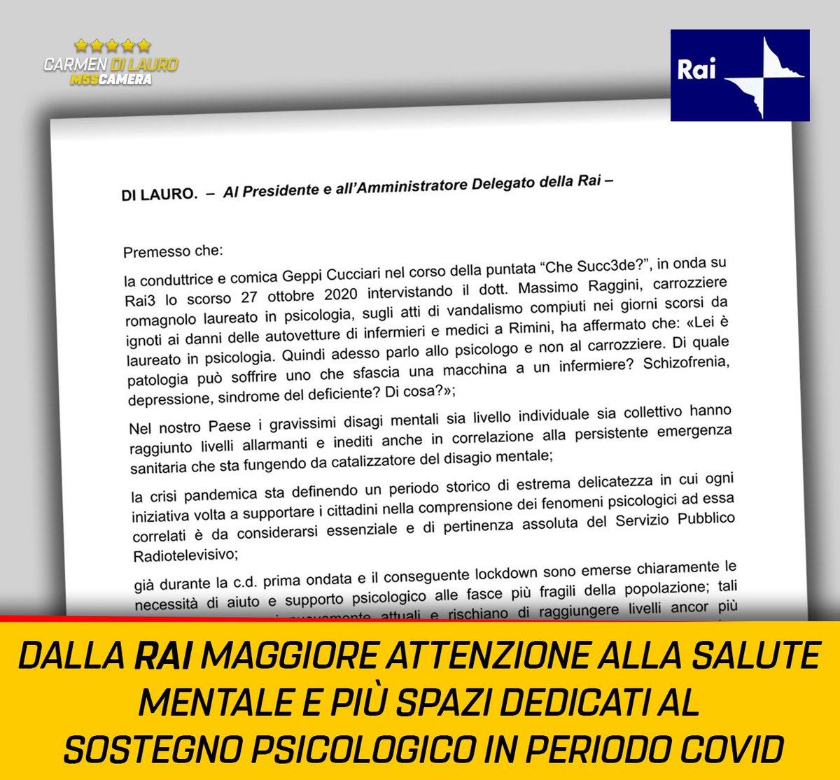 Il #Covid  sta mettendo A DURA PROVA tutti i cittadini anche MENTALMENTE.

E' pertanto quanto mai necessario che la #RAI si impegni, oggi più che mai, a dedicare più spazi alle tematiche legate al SOSTEGNO PSICOLOGICO. 

👉🏻 Leggi il mio post su Facebook (facebook.com/carmendilauroc…)