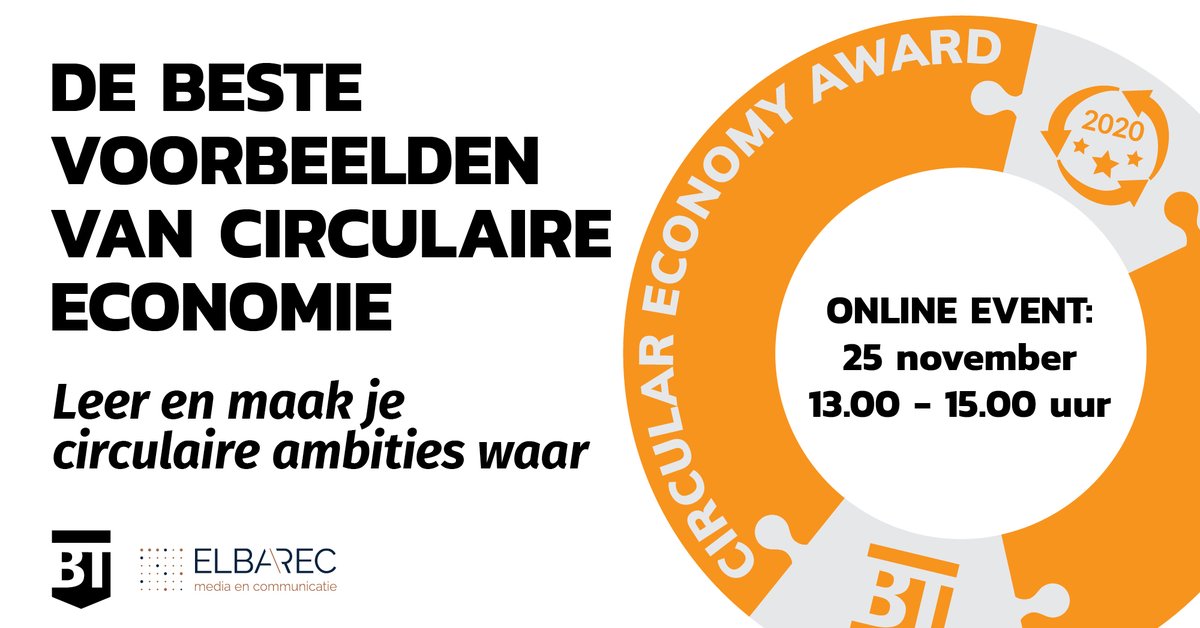 De beste voorbeelden van Circulaire Economie krijgt u tijdens een webinar op 25 november a.s. Dan zal ook de Circular Economy Award 2020 uitgereikt worden. Meld u nu kosteloos aan!
lnkd.in/eMUATbN