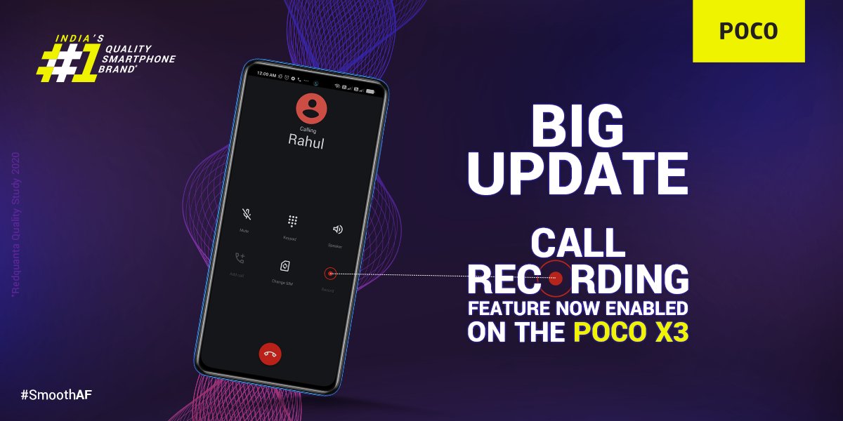 TechPatro's tweet photo. Call Recording feature now enabled on the POCO X3!
Well, well, it's a Google dialer Call Recording where it tells aloud that call is getting recorded or ended and both parties can listen that.
#TPClan #TechPatro https://t.co/kdkPmhHP1l