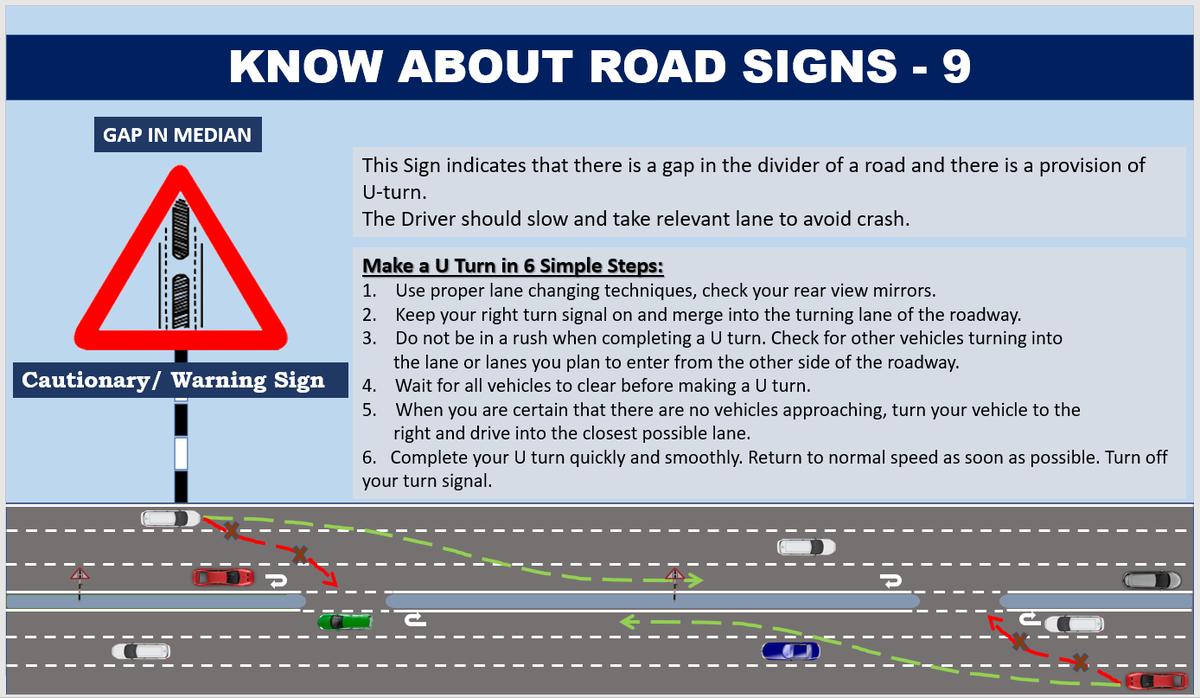 CYBTRAFFIC's tweet photo. Know about #Roadsigns - 9
***Gap in Median***
ఇది ఒక హెచ్చరిక సంజ్ఞ 

ఈ సంజ్ఞ రోడ్డు యొక్క డివైడర్ లో అంతరాయం ఉందని , వాహనాలు UTurn తీసుకునే అవకాశం ఉందని హెచ్చరిస్తుంది. 

#RoadSafety #roadsignrecognition https://t.co/5ePOj0sqty
