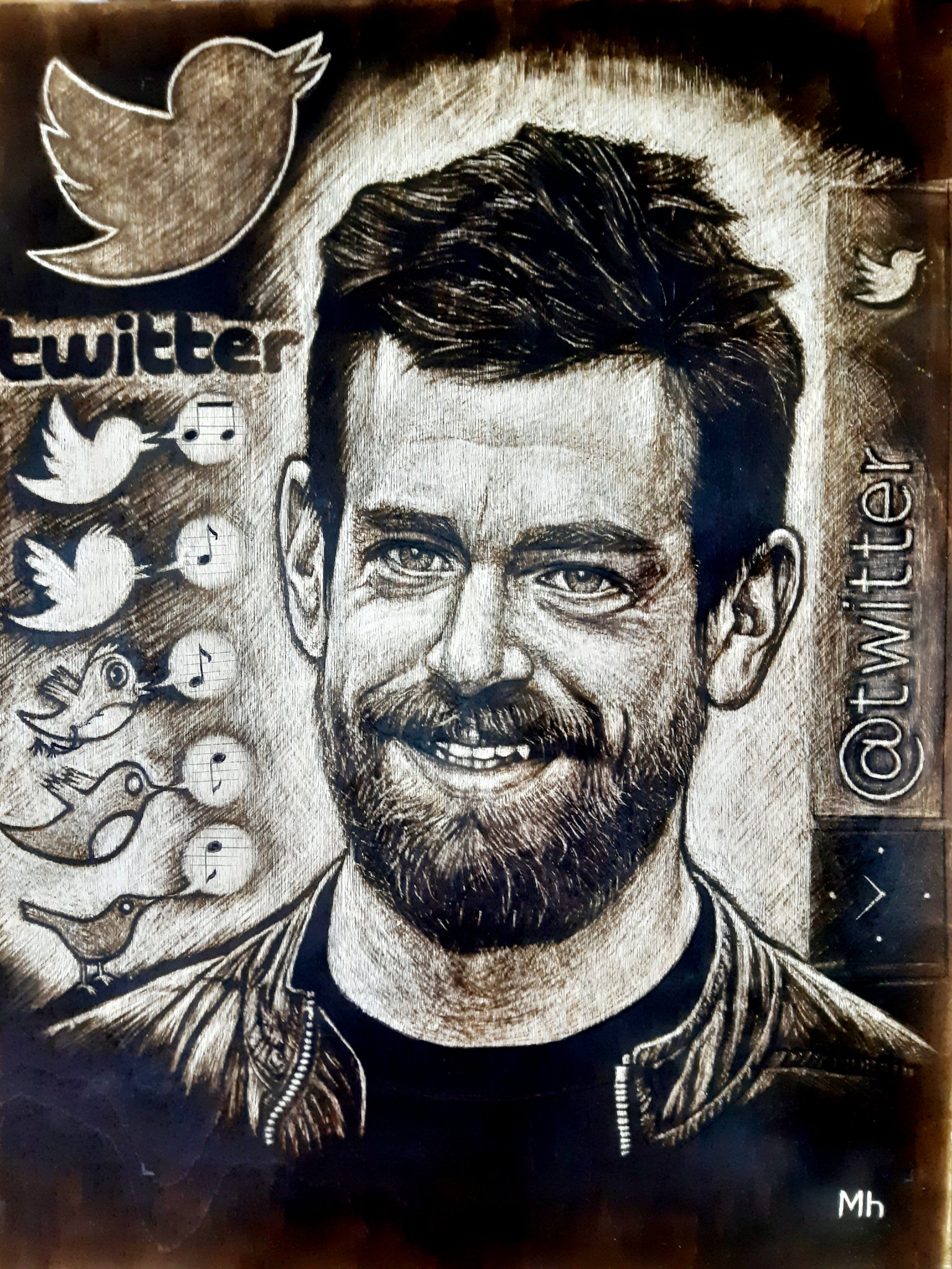 Jack Dorsey,message\s birds singing \"Happy Birthday\".
Portrait made by scalpel on veneer. Thank you for \"message\"! 
