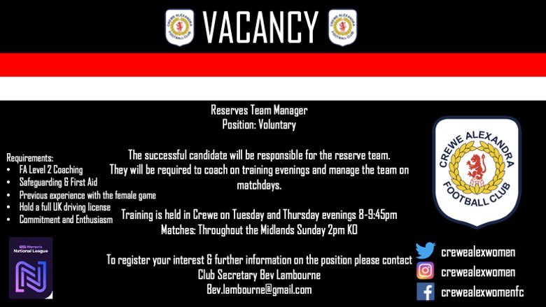 CreweAlexWomen's tweet photo. ❗️ VACANCY - Reserves Team Manager

👉🏽 Do you have a desire to strengthen player development? Enthusiastic about enabling young people to fulfil their potential? Good communication / organisational skills? 
 
📧 bev.lambourne@gmail.com

🔴⚪️ #CreweAlexWomen #WeAreNational https://t.co/jgka9XL1bJ