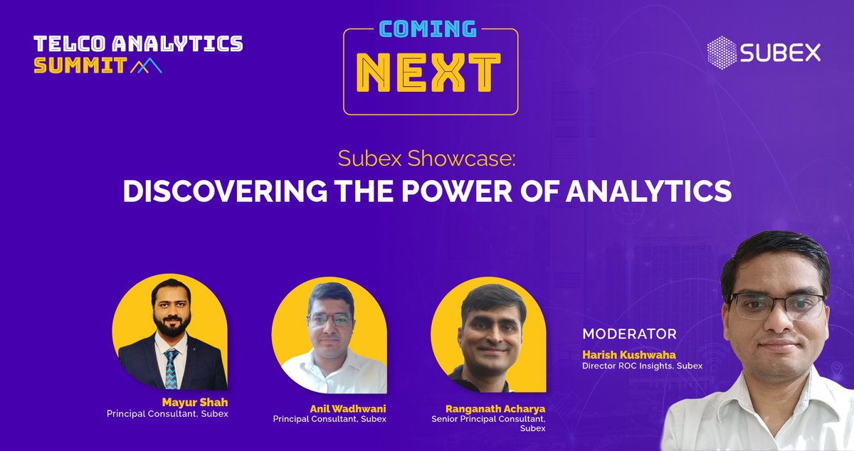 subex's tweet photo. Subex Showcase: Tune in to watch our expert #DataScience team share their experiences working on various #Analytics projects across the world at Telco Analytics Summit.
Watch now! https://t.co/lEEEV6wHeM
#TelcoAnalyticsSummit #AdvancedAnalytics
#TelecomAnalytics #DataAnalytics https://t.co/ZEN78ZD7e1