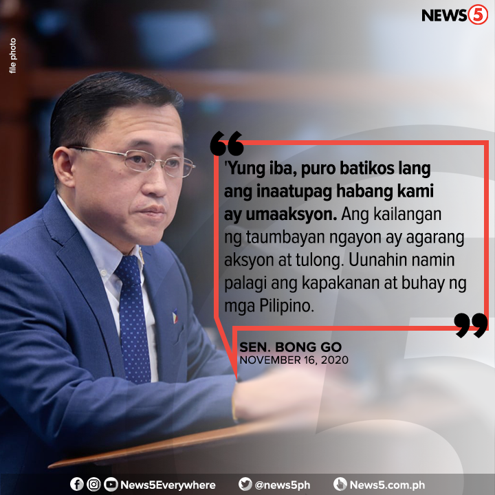 News5PH's tweet photo. Dinipensahan ni Sen. Bong Go si Pres. Duterte at kanyang administrasyon mula sa mga pambabatikos kaugnay sa naging tugon sa mga nangyaring kalamidad. Iginiit din niyang laging nagtatrabaho ang Pangulo. https://t.co/9ko9llfF8t
