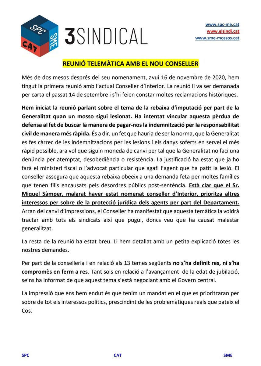 3SINDICAL's tweet photo. Reunió telemàtica amb el nou conseller. @INFOCATME @SPC_Mossos_PL @smemossos https://t.co/5viCUUpW9q